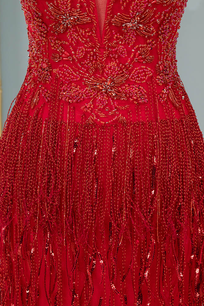 BMbridal Chic Tulle Straps V-Neck Burgundy Prom Dresses with Rhinestone Appliques Online