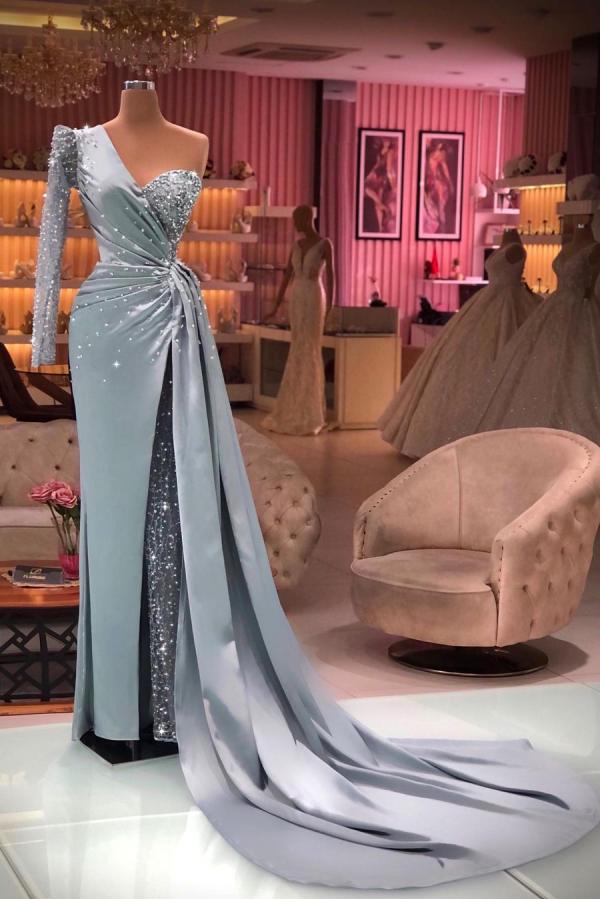 BMbridal One Shoulder Long Sleeves Prom Dress Mermaid With Ruffles