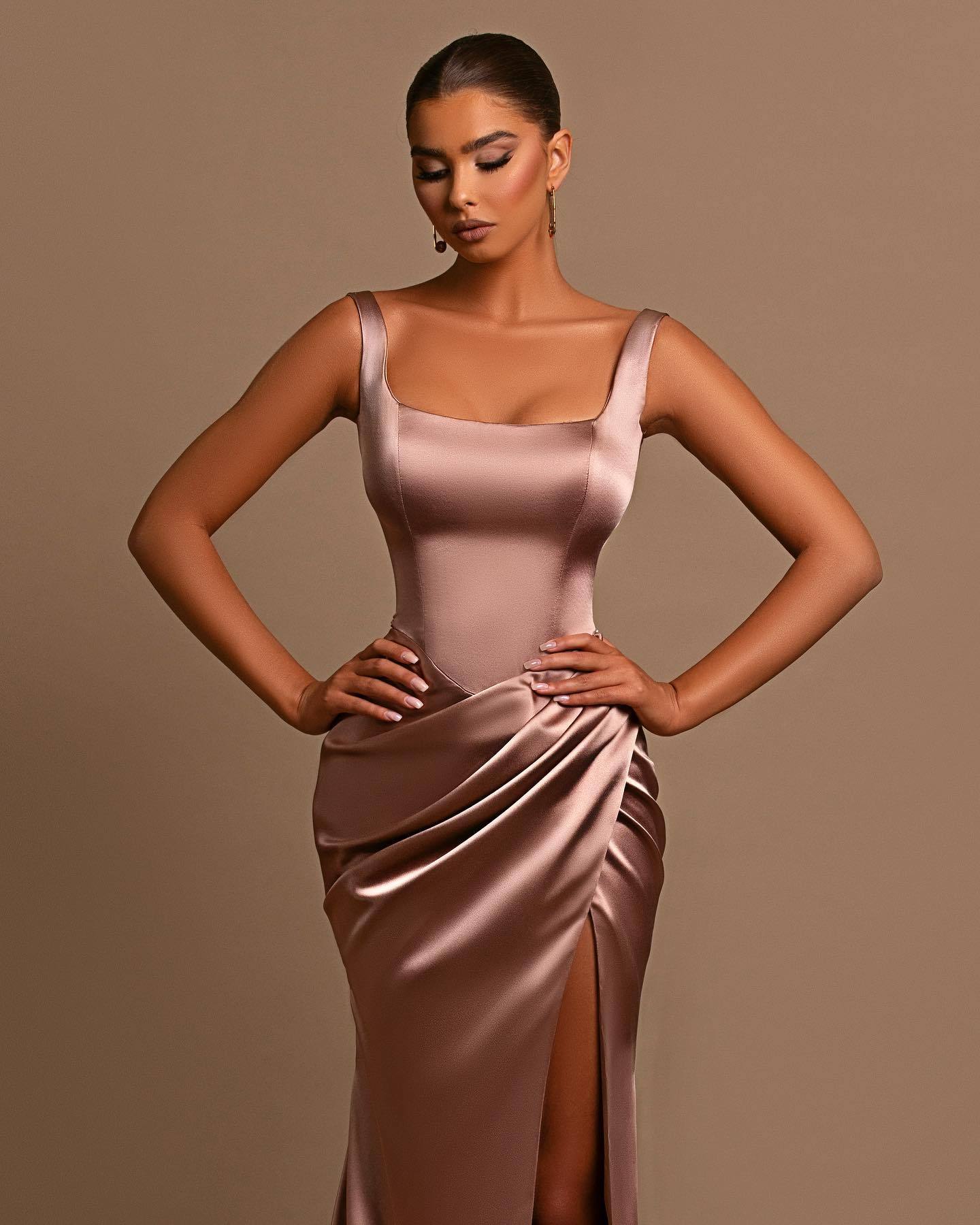 Dusty Rose Spaghetti Strap Square Neck Sleeveless Mermaid Prom Dress With Split