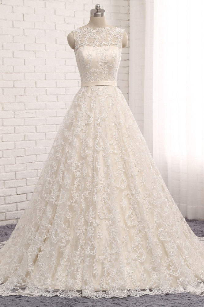 BMbridal Chic Champagne Jewel Sleeveless Wedding Dresses A-line Lace Bridal Gowns With Appliques On Sale-BMbridal