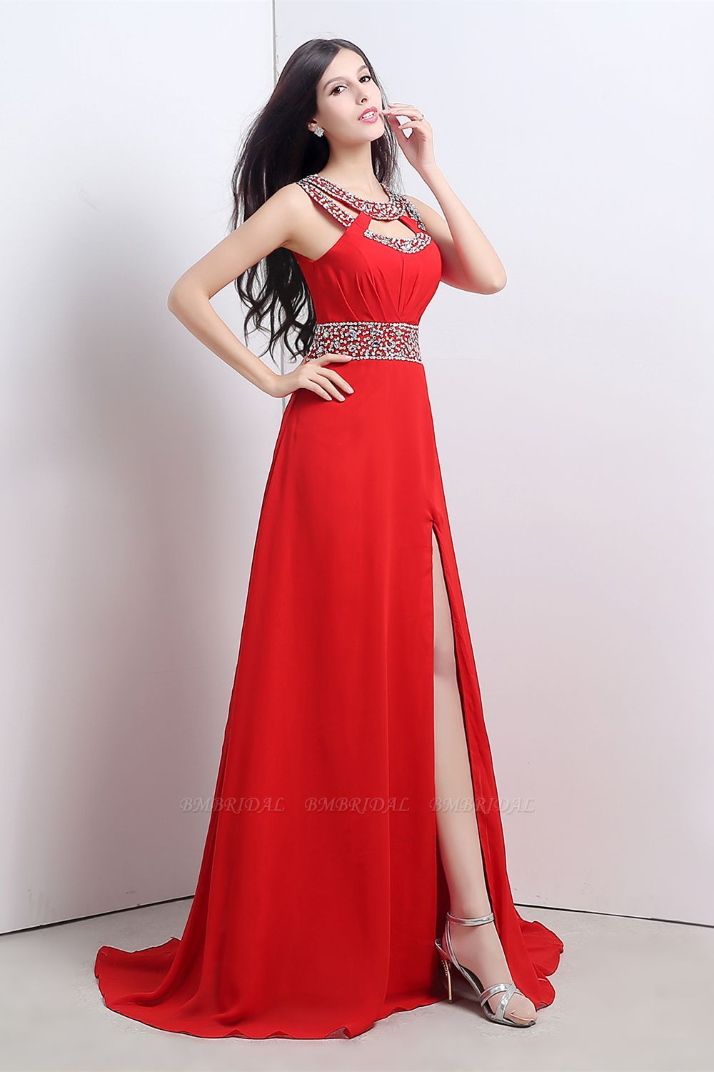 A Line High Slit Long Red Chiffon Beaded Prom Dresses