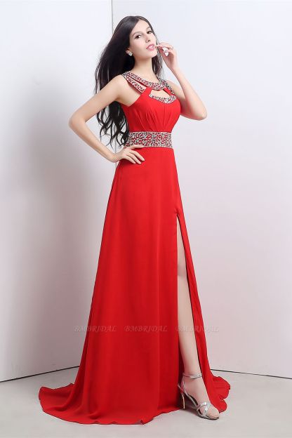A Line High Slit Long Red Chiffon Beaded Prom Dresses