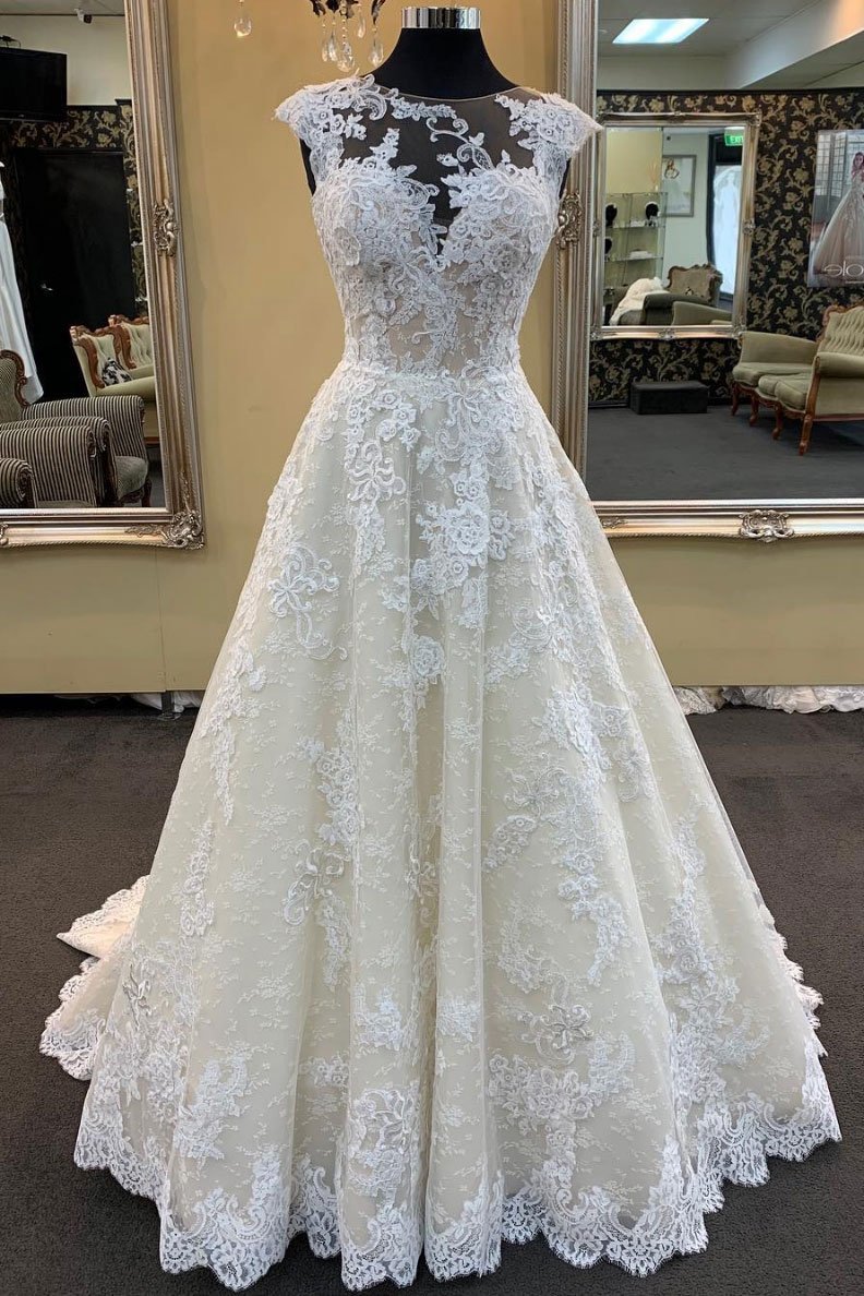 BMbridal Chic Ivory Lace Round Neck Long Wedding Dress Cap Sleeve Sweep Train Bridal Gowns On Sale-BMbridal