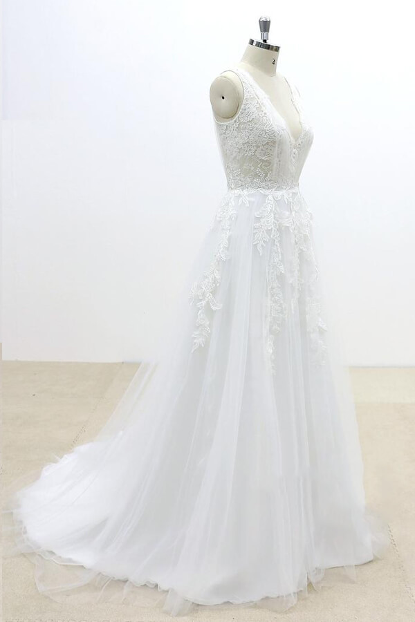 BMbridal Ruffle V-neck Appliques Tulle A-line Wedding Dress On Sale-BMbridal