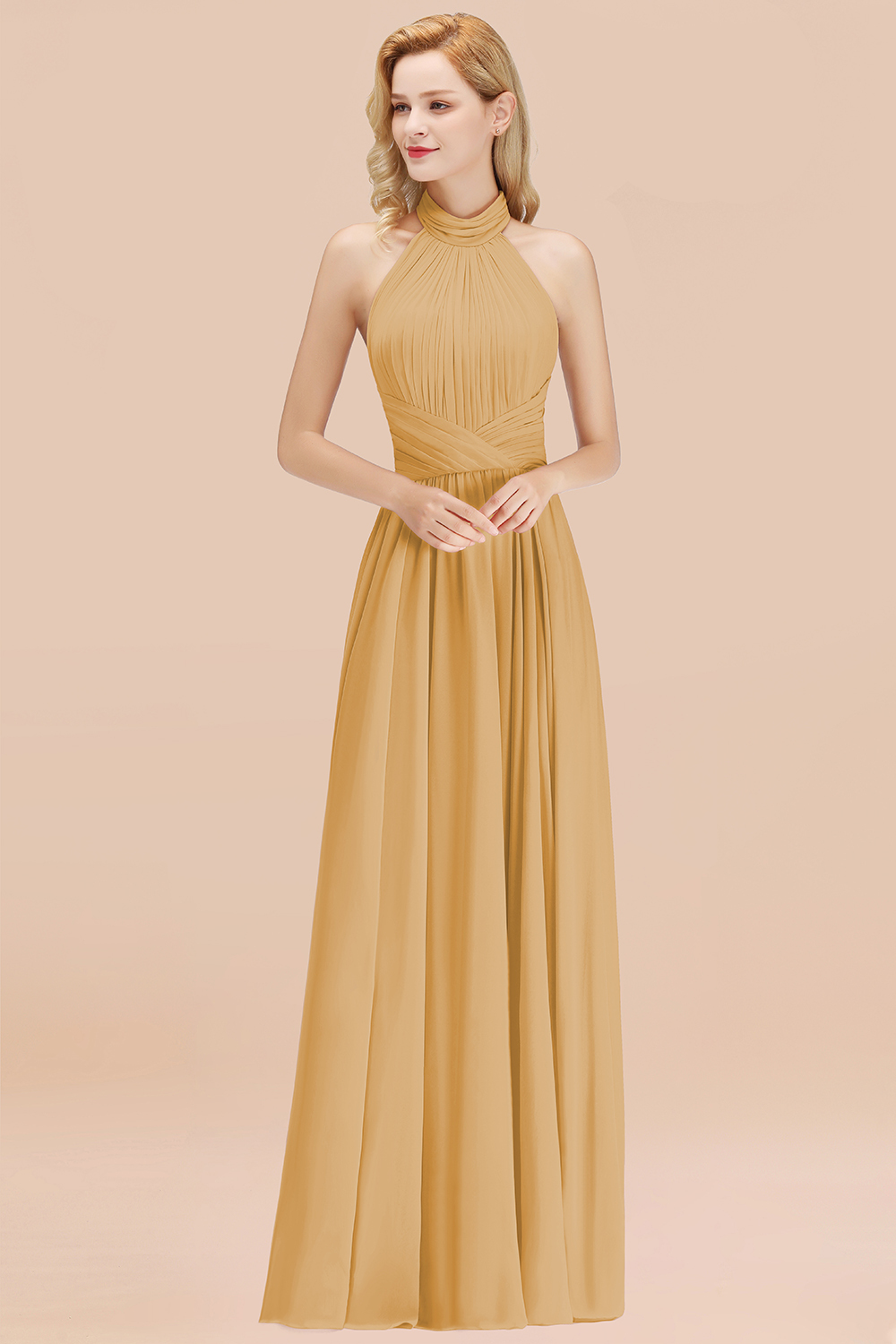 BMbridal Gorgeous High-Neck Halter Backless Bridesmaid Dress Dusty Rose Chiffon Maid of Honor Dress-BMbridal
