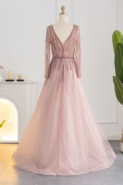 Bmbridal Champagne A-Line Long Sleeves V-Neck Prom Dresses with Appliques