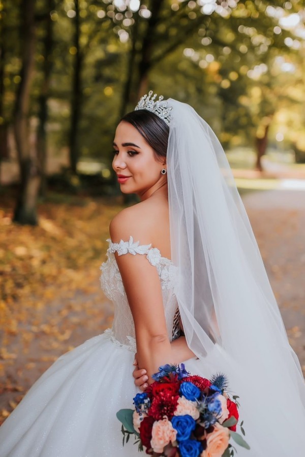Bmbridal Off-the-Shoulder V-Neck Ball Gown Wedding Dress With Appliques-BMbridal