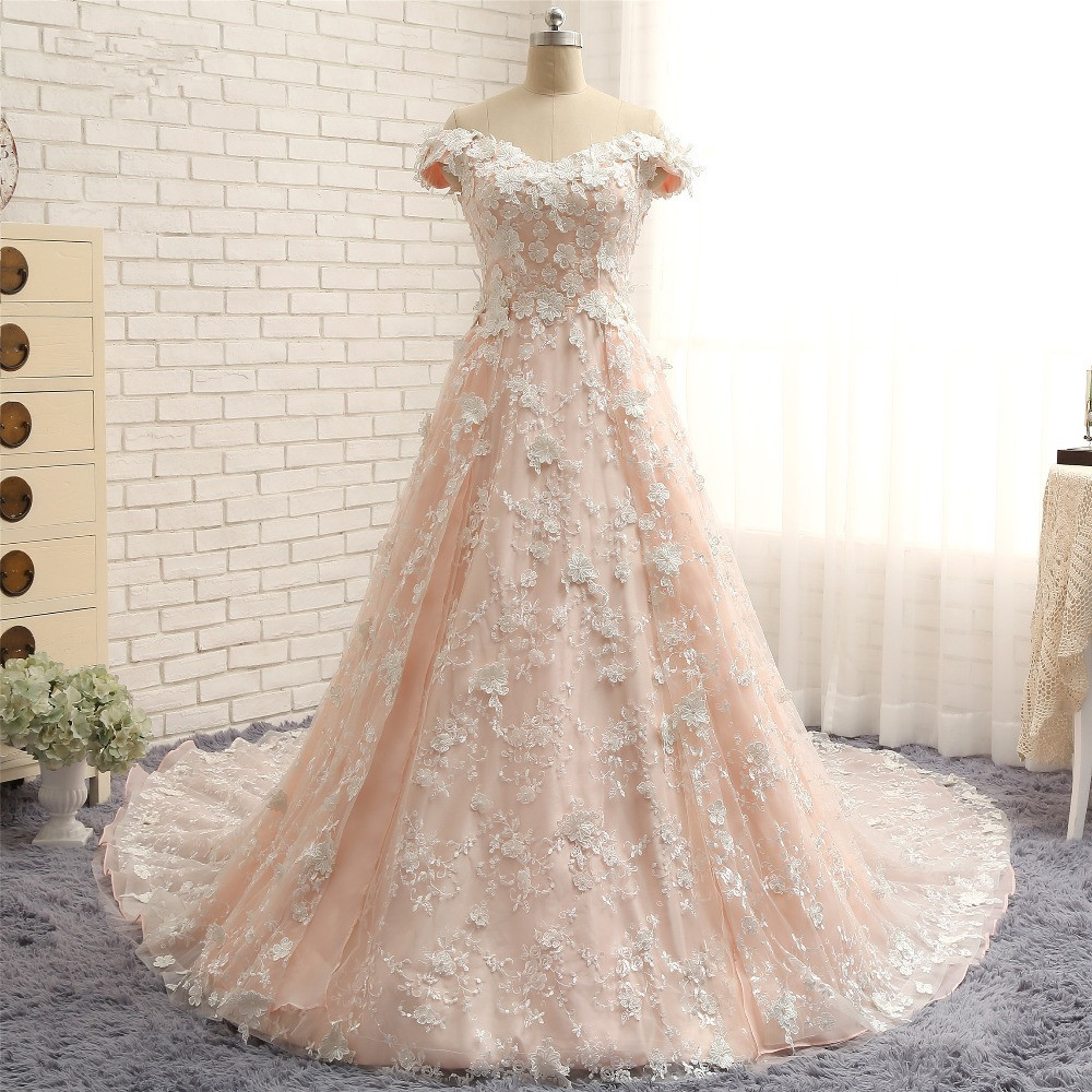 BMbridal Chic Off-the-shoulder Pink A-line Wedding Dresses With Appliques V-neck Lace Bridal Gowns Online-BMbridal
