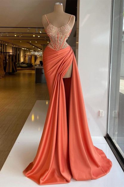 Designer Mermaid Spaghetti Straps Sleeveless Appliques Satin Prom Dress With Split