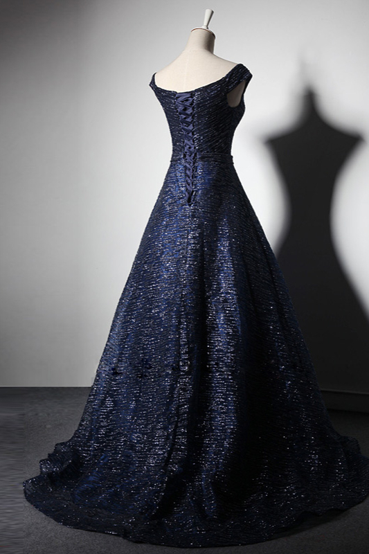 BMbridal Glamorous Off-the-Shoulder Dark Navy Prom Dresses Sweetheart Sleeveless Sequins Formal Dresses Online-BMbridal