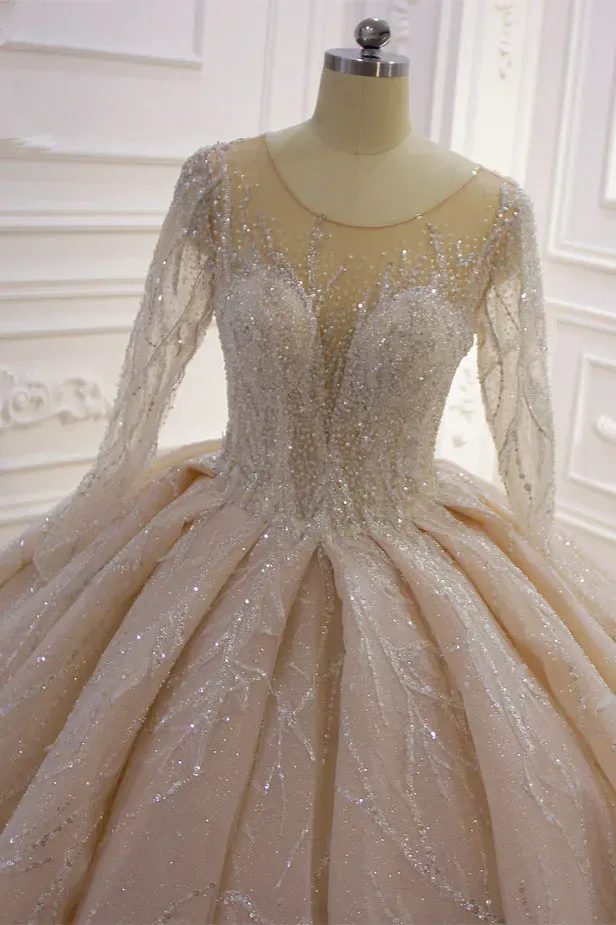 Glamorous Bateau Long Sleeves Floor-Length Ball Gown Wedding Dress with Ruffles