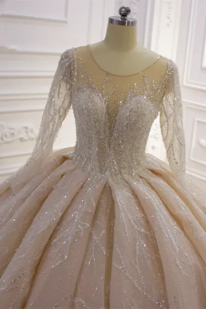 Glamorous Bateau Long Sleeves Floor-Length Ball Gown Wedding Dress with Ruffles