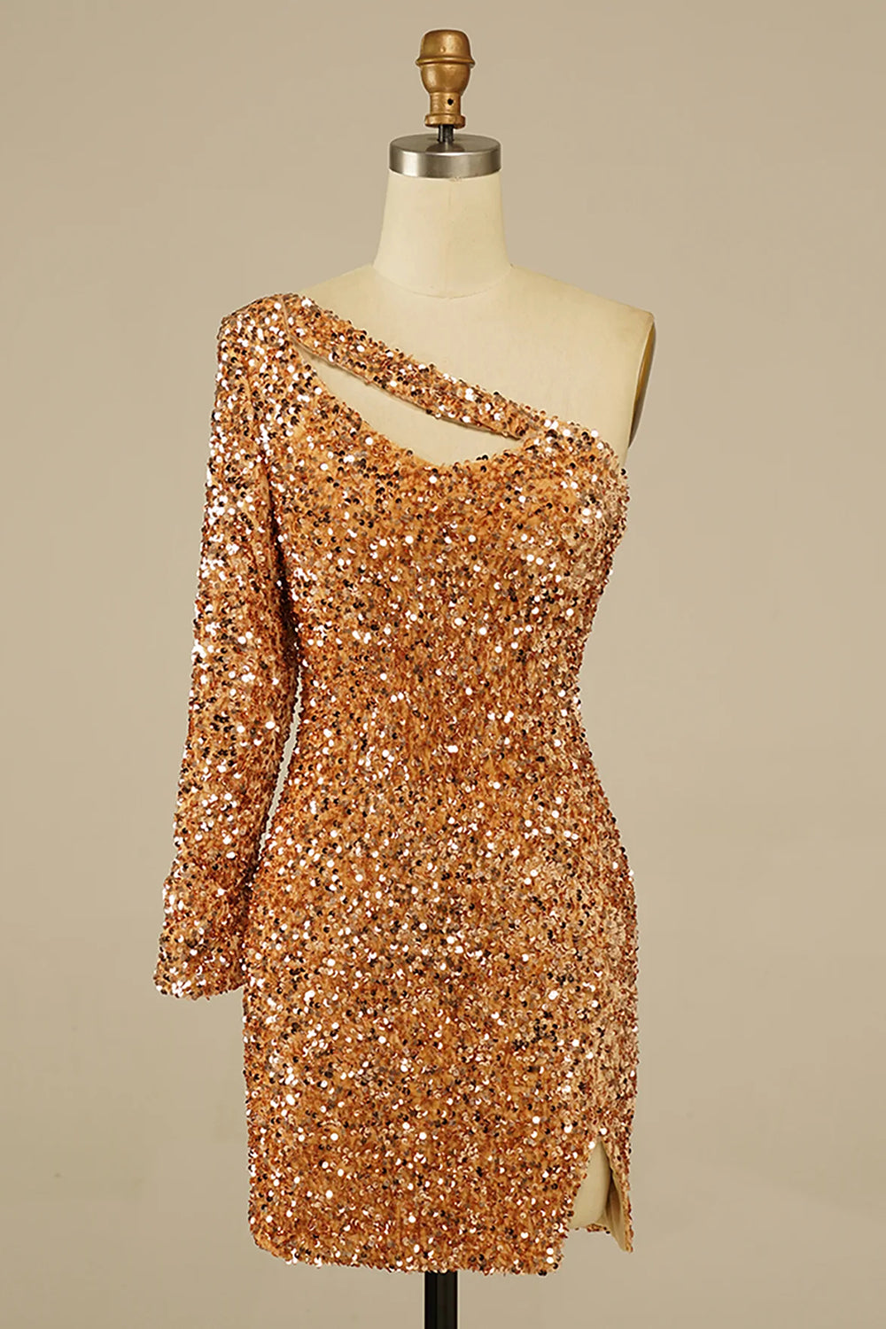 Golden Cut Out Open Back One Shoulder Sequins Homecoming Dress-BMbridal