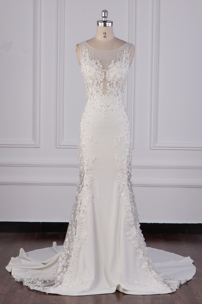 BMbridal Glamorous Jewel Tulle Lace Wedding Dress Sleeveless Appliques Beadings Bridal Gowns Online-BMbridal