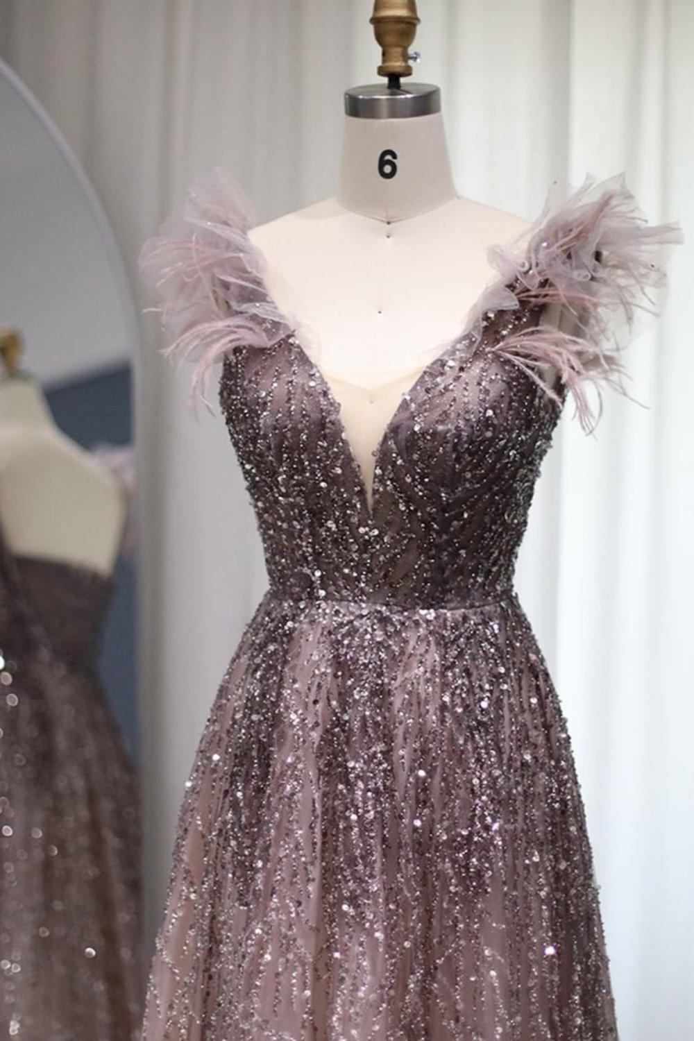 Bmbridal A-Line Tulle V-Neck Floor-Length Sleeveless Prom Dresses with Sequins