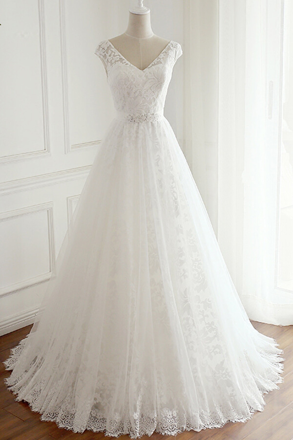 BMbridal Gorgeous Lace V-neck Appliques Wedding Dress White Tulle A-line Bridal Gowns On Sale-BMbridal