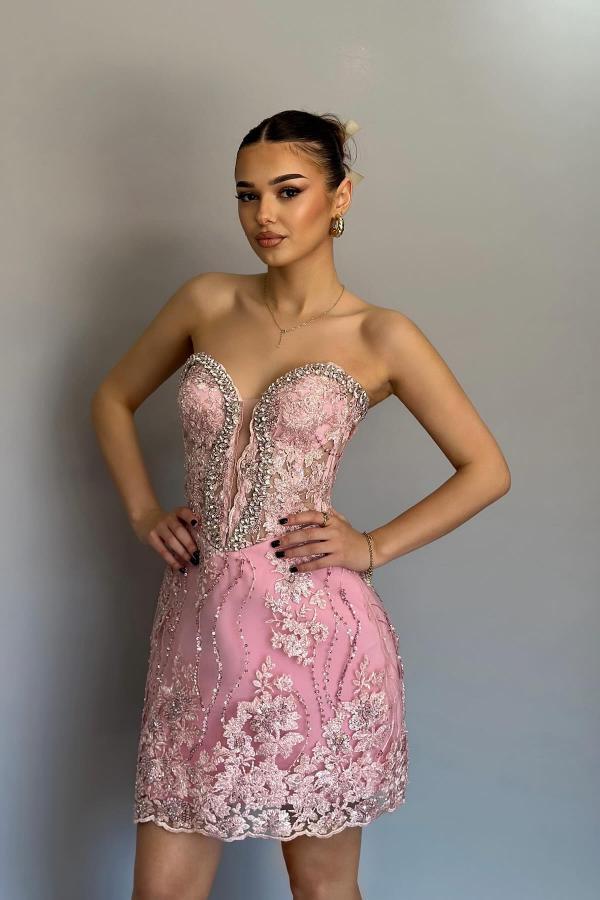 Luxurious Short V-Neck Strapless Sheath Lace Prom Dresses with Rhinetones