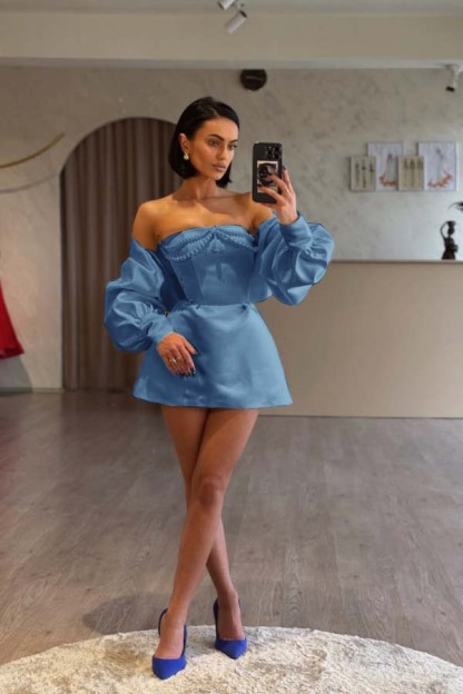 Spaghetti Strap Long Sleeves A Line Prom Dress With Beading