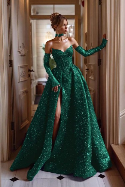 Strapless Sleeveless Long Split Prom Dress With Sequins Detachable sleeves