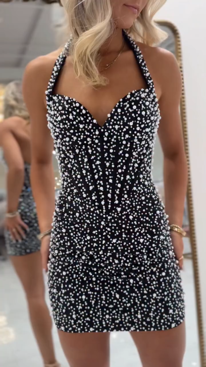 Sweetheart Pearl Beaded Bodycon Homecoming Dress Spaghetti Straps Open Back Mini