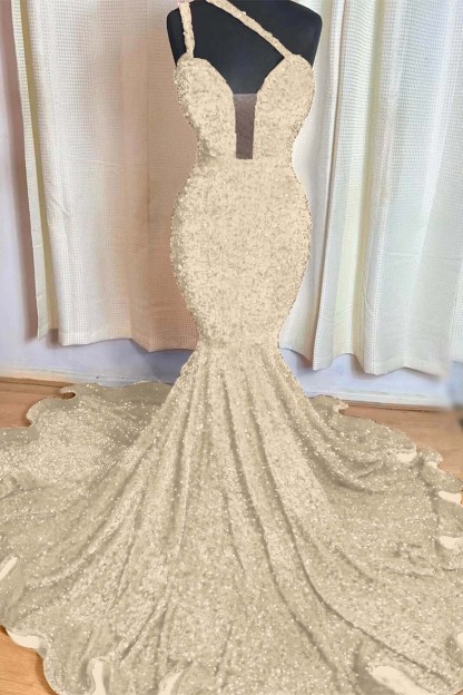 Red Mermaid Sleeveless One Shoulder Prom Dress Sweetheart Elegant Sequins