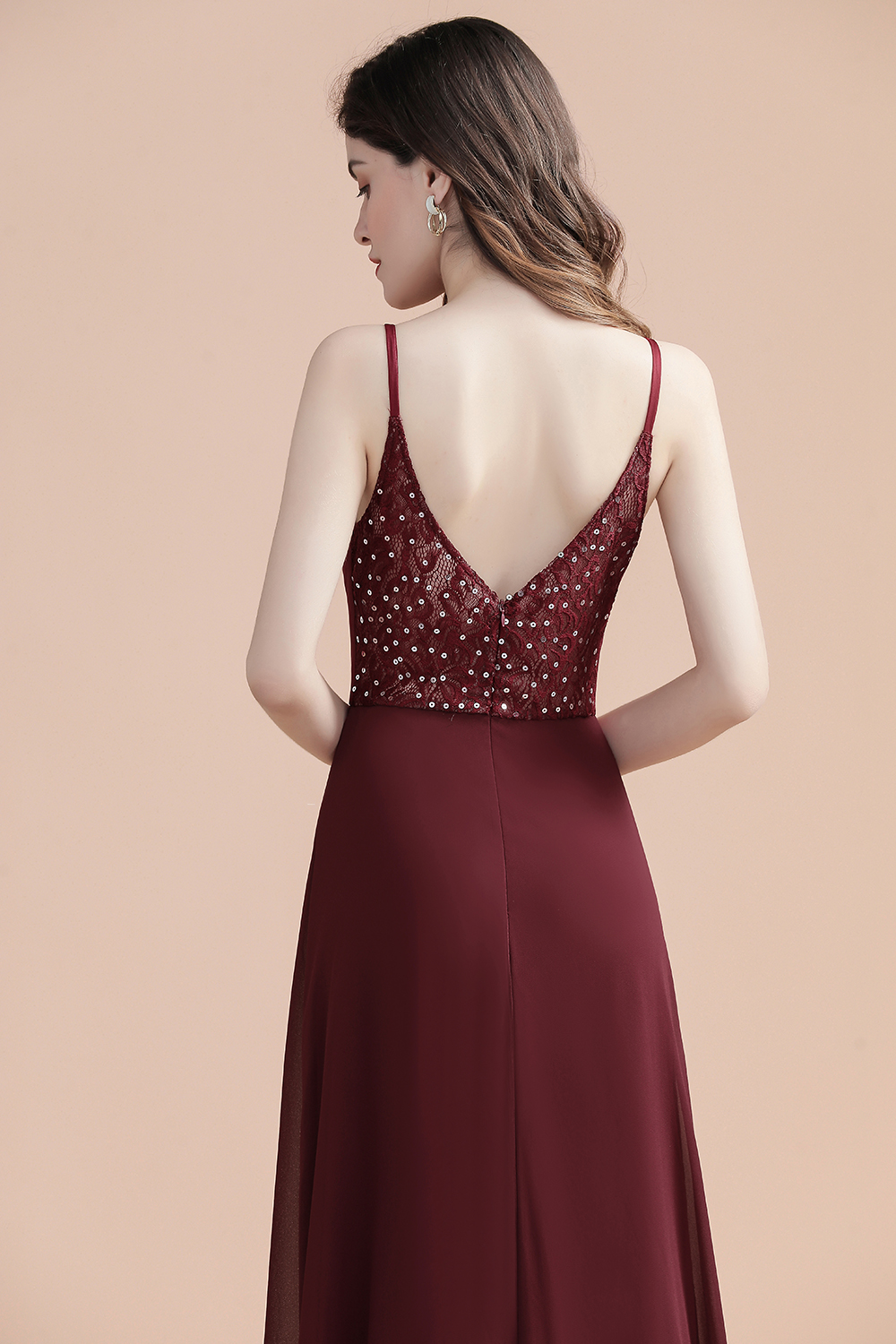 BMbridal Elegant V-Neck Burgundy Chiffon Bridesmaid Dress Lace Sequins Spaghetti Straps Evening Dress-BMbridal
