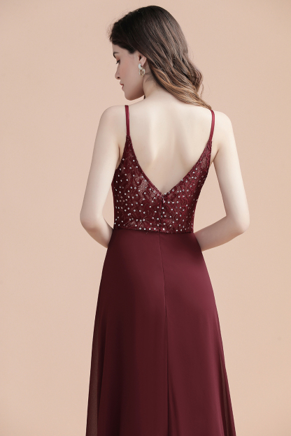 BMbridal Elegant V-Neck Burgundy Chiffon Bridesmaid Dress Lace Sequins Spaghetti Straps Evening Dress-BMbridal