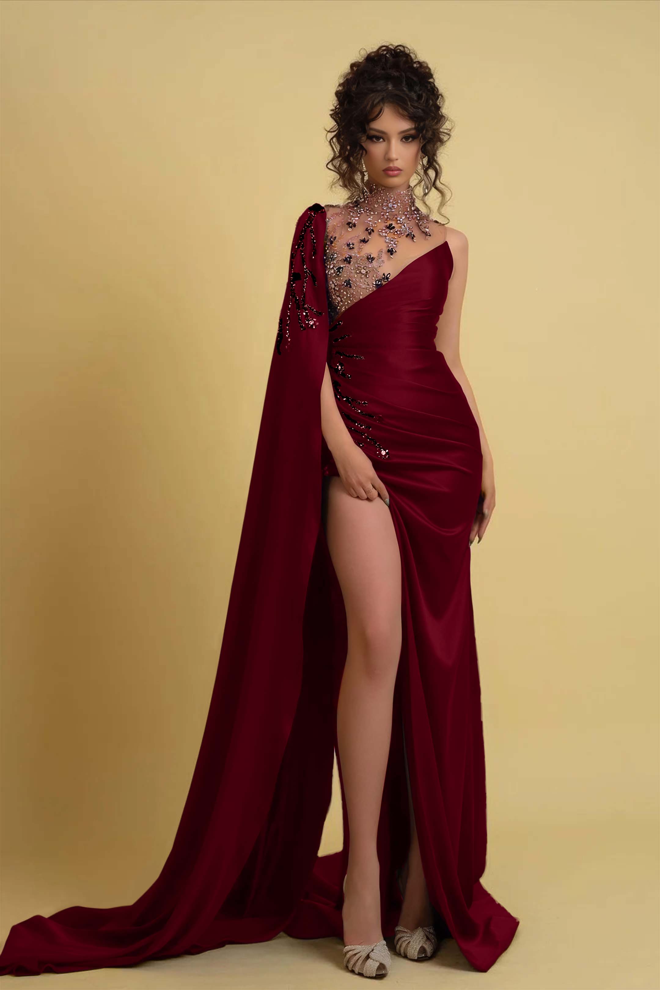 High Neck Prom Dress Regency One Shoulder With Ruched Beads