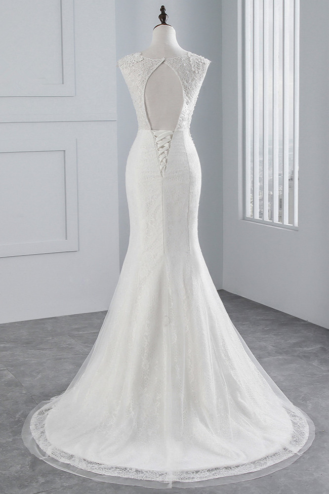 BMbridal Glamorous Jewel Sleeveless Rhinestone White Mermaid Wedding Dresses with Appliques