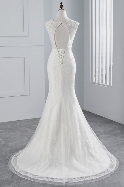 BMbridal Glamorous Jewel Sleeveless Rhinestone White Mermaid Wedding Dresses with Appliques