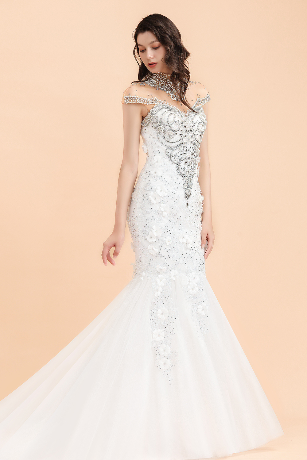 BMbridal Luxury Mermaid Wedding Dress Tulle Lace Sequins Sleeveless Bridal Gowns with Pearls-BMbridal
