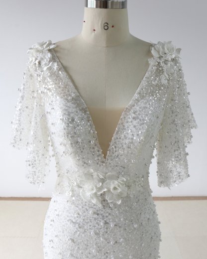 BMbridal Elegant Stunning Sequins White Tulle Wedding Dress Sweep Train Mermaid Short Sleeve Bridal Gowns On Sale-BMbridal