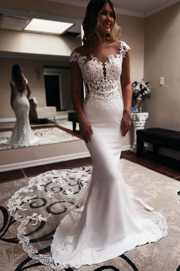Bmbridal Cap Sleeves Wedding Dresses Mermaid Long Online-BMbridal