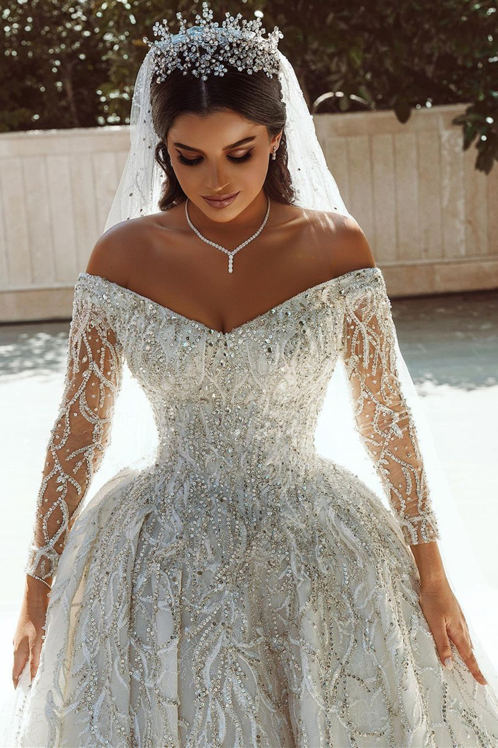 BMbridal Long Sleeves Crystal Wedding Dress Ball Gown Off-the-Shoulder-BMbridal