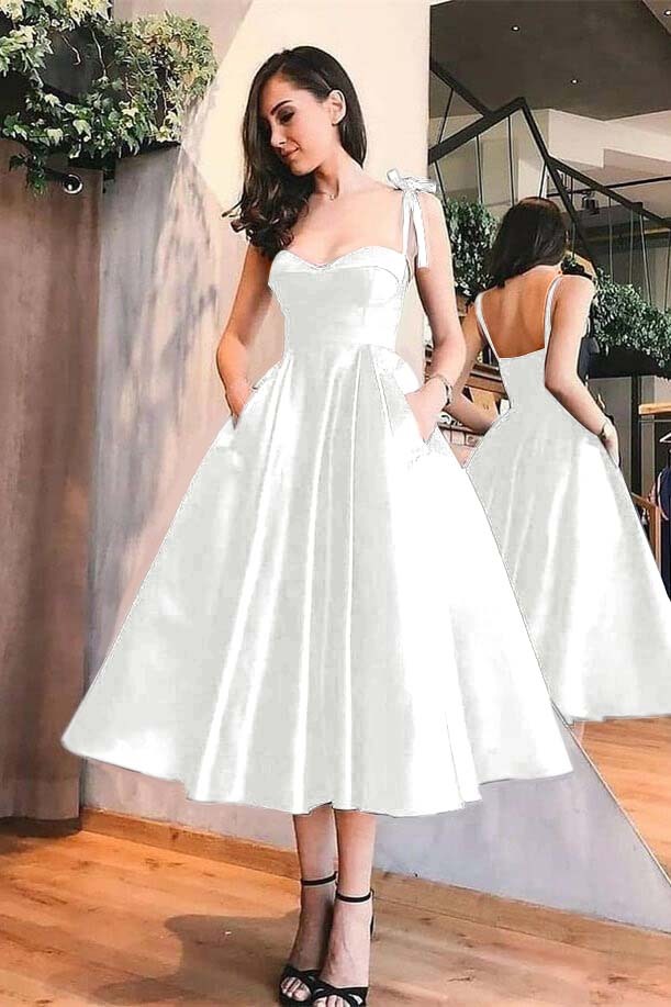 Sweetheart Black A Line Spaghetti Strap Tea Length Evening Dress With Pockets