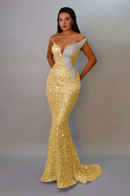 Sequins Strapless Sleeveless Long Mermaid Prom Dress With Pleated