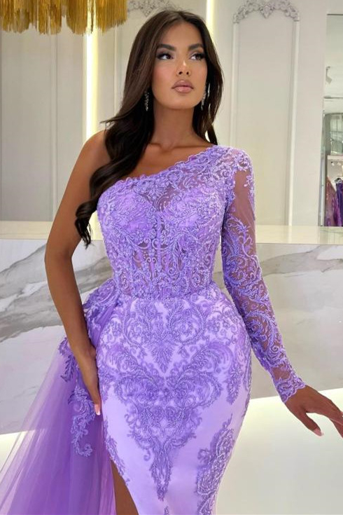 Elegant Mermaid One Shoulder Long Sleeve Lace Appliques Lace Prom Dress With Splites