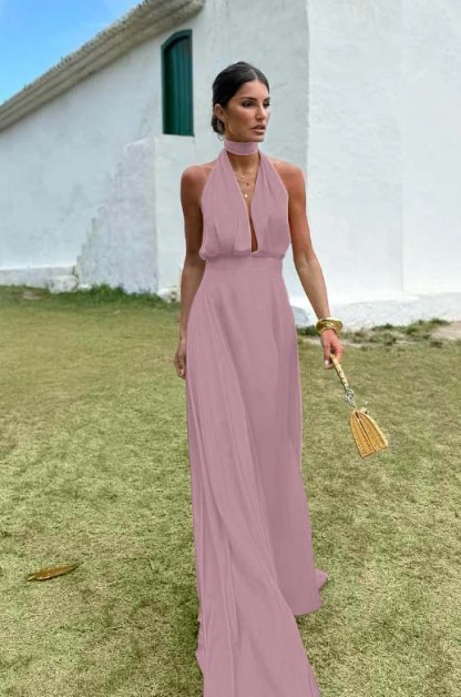 Charming Sleeveless Halter V Neck Long Prom Dress With Pleated