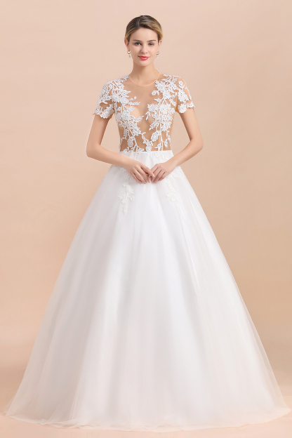 BMbridal Sexy See Through Tulle Appliques Short Sleeves Wedding Dress