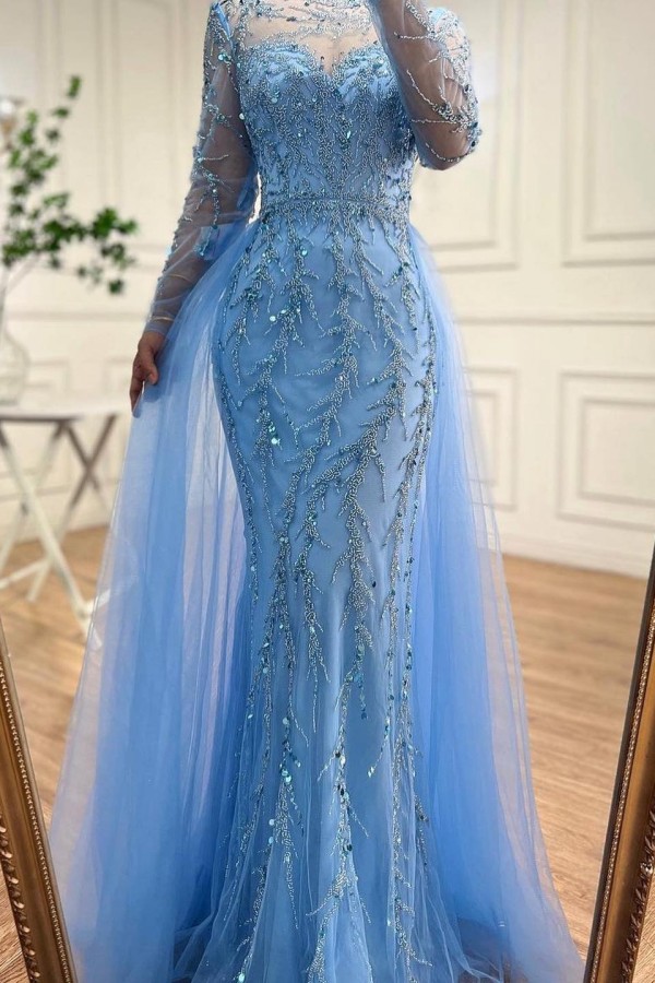 Bmbridal Sky Blue Long Sleeves Evening Dress Mermaid Overskirt With Beadings