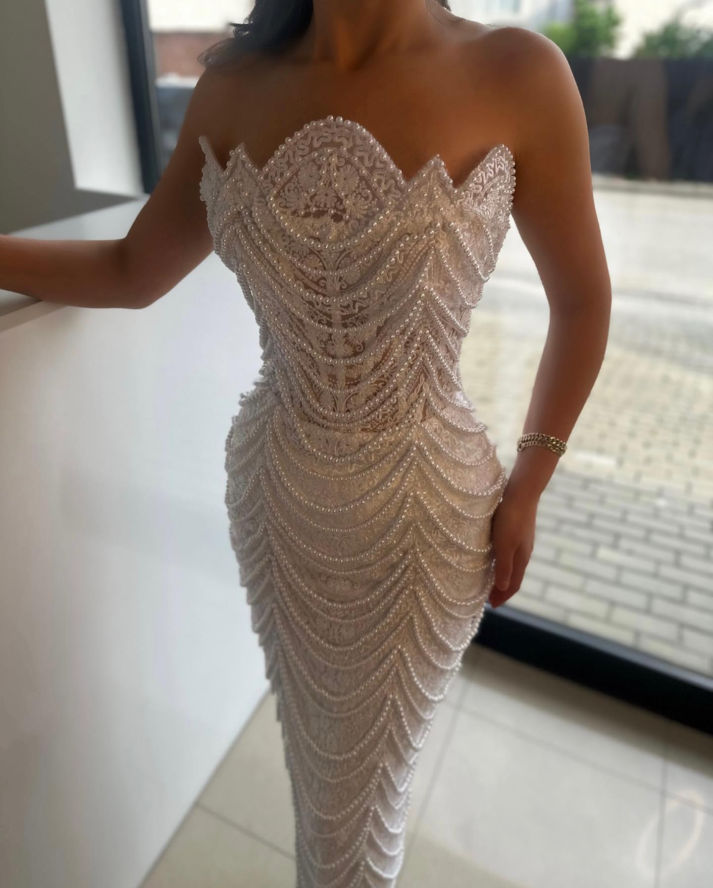 Luxury Strapless Sheath Prom Dress With Lace Pearls Online