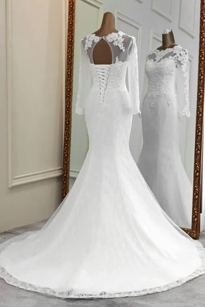 Classic Mermaid Jewel Long Sleeves Wedding Dress with Tulle
