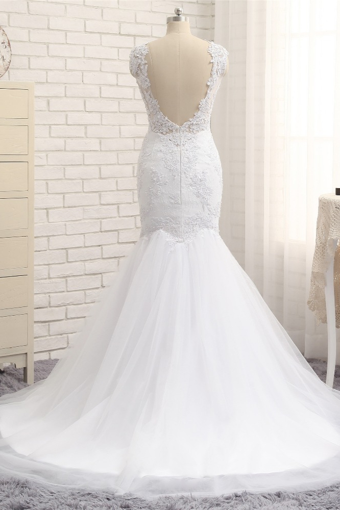 BMbridal Glamorous Jewel Tulle Appliques Wedding Dress Lace Sleeveless Mermaid Bridal Gowns Online