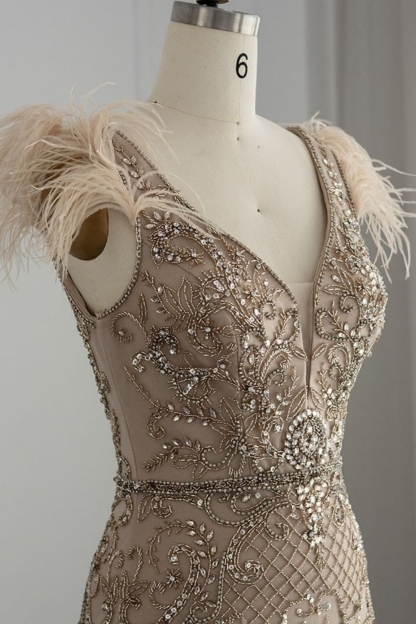Bmbridal A-Line Taupe V-Neck Tulle Cap Sleeves Prom Dresses with Appliques
