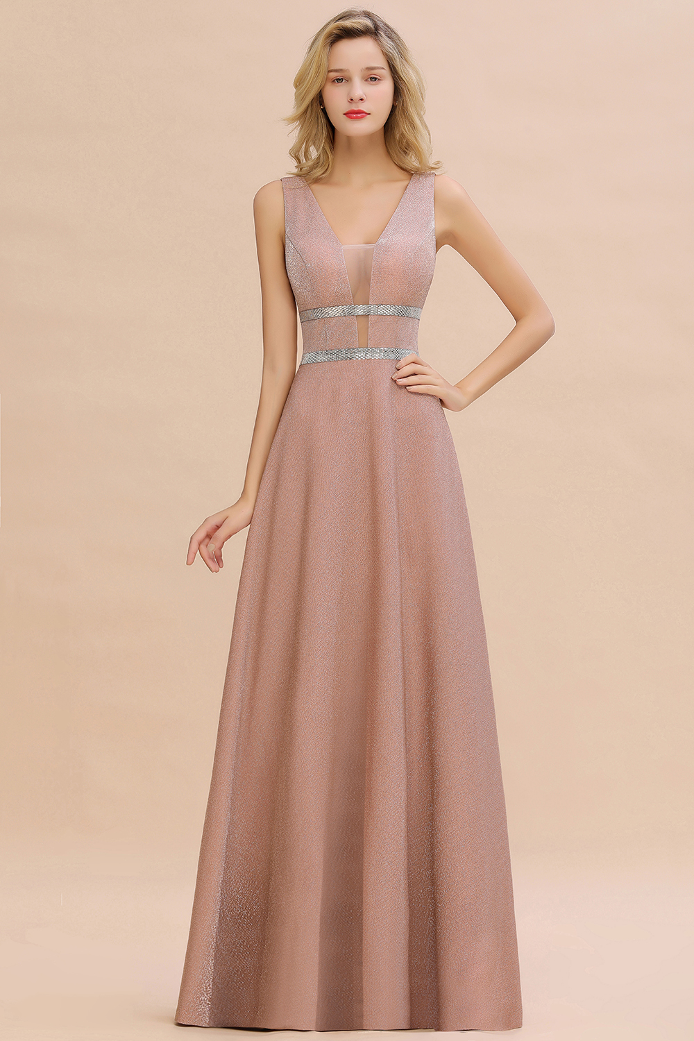 BMbridal Shinning V-Neck Sleeveless Long Prom Dress Online With Zipper Back