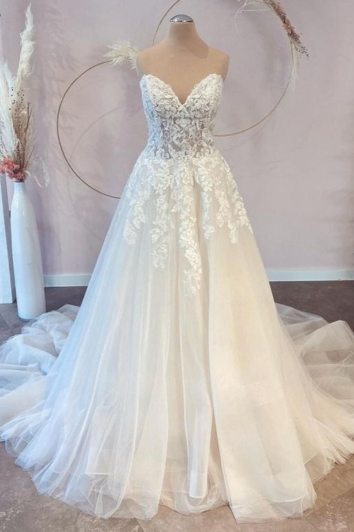 BMbridal V-Neck Sleeveless Lace Wedding Dress Long On Sale-BMbridal
