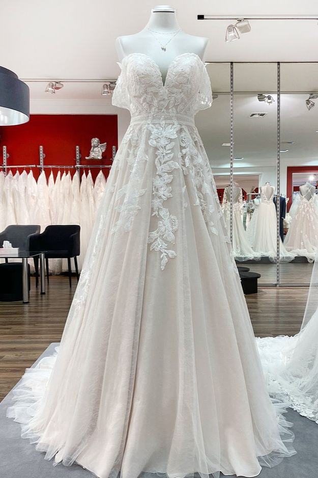 BMbridal Tulle Off The Shoulder Sweetheart Lace Appliques Wedding Dresses-BMbridal