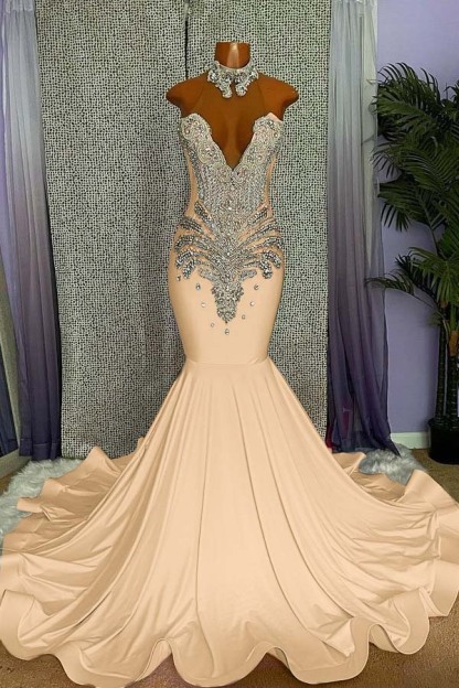 Mermaid Pink High Neck Sleeveless Prom Dress Beaded With Appliques