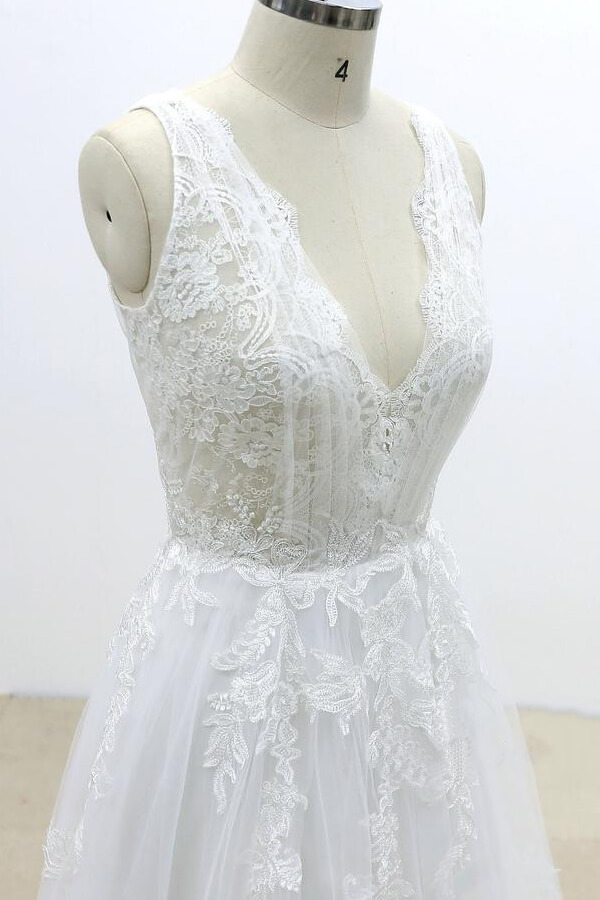 BMbridal Ruffle V-neck Appliques Tulle A-line Wedding Dress On Sale-BMbridal
