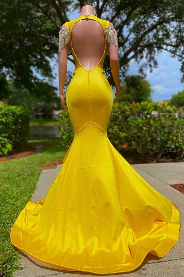 Bmbridal Yellow Off-the-Shoulder Prom Dress Mermaid With Appliques Tassels